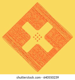 Aid sticker sign. Vector. Red scribble icon obtained as a result of subtraction rhomb and path. Royal yellow background.