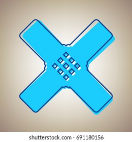 Aid sticker sign. Vector. Sky blue icon with defected blue contour on beige background.