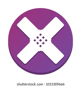 Aid sticker sign. Vector. White icon with flat shadow on purpureus circle at white background. Isolated.