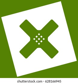 Aid sticker sign. Vector. White icon obtained as a result of subtraction rotated square and path. Avocado background.