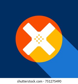 Aid sticker sign. Vector. White icon on tangelo circle with infinite shadow of light at cool black background. Selective yellow and bright navy blue are produced.
