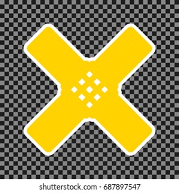 Aid sticker sign. Vector. Yellow icon with white contour on dark transparent background.