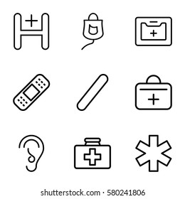 aid vector icons. Set of 9 aid outline icons such as first aid kit, bandage, medical sign, medical kit, drop counter, hospital