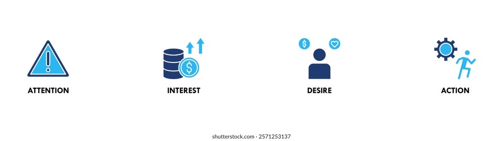 AIDA banner web icon vector illustration concept for attention interest desire action with icon of promotion, target, vision, store, ecommerce, and buying icon live stroke and easy to edit