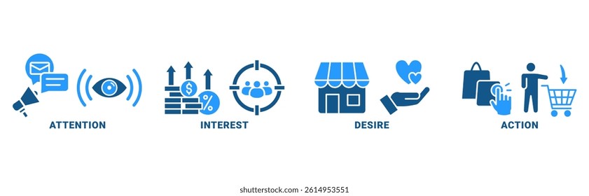 AIDA banner web icon vector illustration concept for attention interest desire action with icon of promotion, target, vision, store, ecommerce, and buying