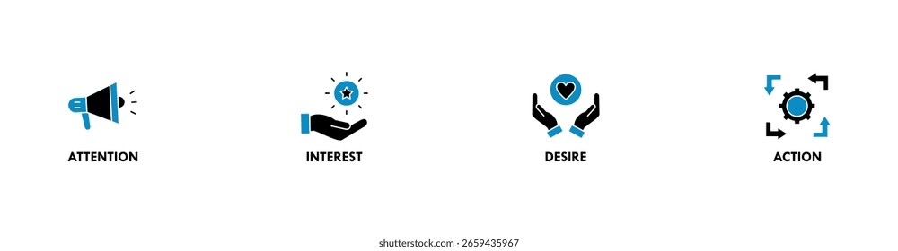 AIDA banner web icon vector illustration concept for attention interest desire action with icon of promotion, target, vision, store, ecommerce, and buying