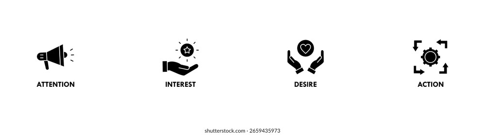 AIDA banner web icon vector illustration concept for attention interest desire action with icon of promotion, target, vision, store, ecommerce, and buying