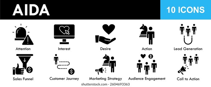 AIDA icon collection set. Containing design marketing, business, interest, strategy, funnel