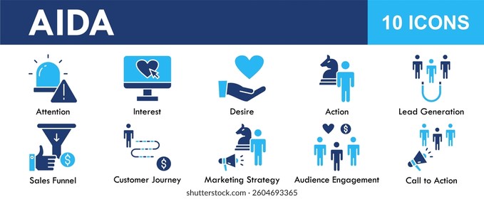 AIDA icon collection set. Containing design marketing, business, interest, strategy, funnel