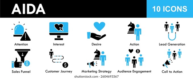 AIDA icon collection set. Containing design marketing, business, interest, strategy, funnel