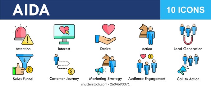 AIDA icon collection set. Containing design marketing, business, interest, strategy, funnel