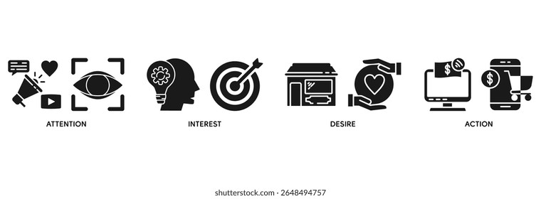 AIDA icon set vector illustration concept relate to attention interest desire action with icon of promotion, target, vision, store, ecommerce, and buying