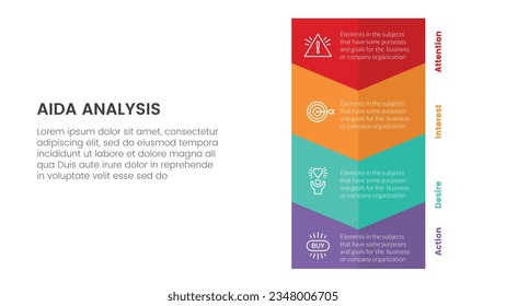 aida-Modell für Aufmerksamkeit interessieren Wunsch Aktion Infografik-Konzept mit großen vertikalen Pfeil bis unten Richtung 4 Punkte für Diavorstellung Vektorgrafik