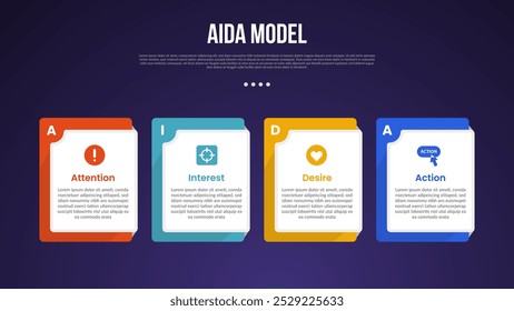AIDA Modell-Infografik-Vorlage mit kreativen quadratischen Kasten auf horizontaler Richtung dunklen Hintergrund Stil mit 4 Punkt für Folie Präsentation Vektor