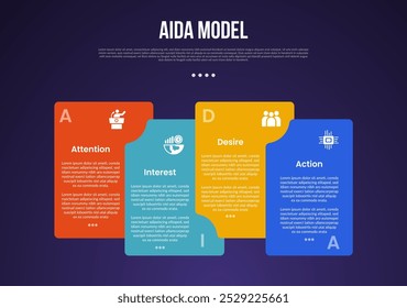 AIDA Modell Infografik Vorlage mit kreativen Box Container Stapel Farbverlauf dunklen Hintergrund Stil mit 4 Punkt Folie Präsentation Vektor
