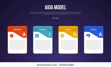 AIDA Modell-Infografik-Vorlage mit kreativen Box-Container mit starker oberer Position dunklen Hintergrund Stil mit 4 Punkt für Folie Präsentation Vektor