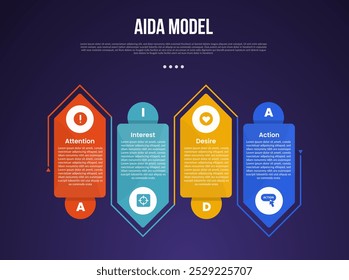 AIDA Modell Infografik Vorlage mit kreativen Pfeilbox Form mit Umriss nach oben und unten dunklen Hintergrund Stil mit 4 Punkt Folie Präsentation Vektor