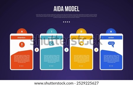 AIDA model infographic template with creative linked box table with circle on header dark background style with 4 point for slide presentation vector