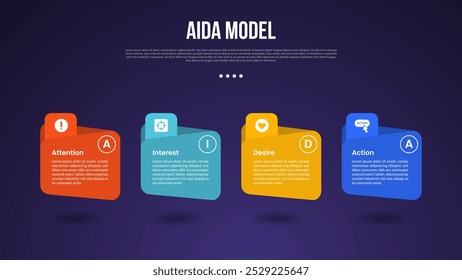 AIDA Modell Infografik Vorlage mit Ordner Box Container mit Schatten unten und horizontale Richtung dunklen Hintergrund Stil mit 4 Punkt für Folie Präsentation Vektor