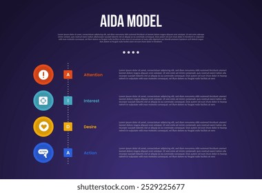 Plantilla de infografía de modelo AIDA con estilo de fondo oscuro de línea de tiempo de Vertical con 4 puntos para Vector de presentación de diapositivas
