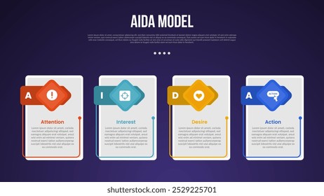 AIDA Modell Infografik Vorlage mit vertikaler Box mit kreativen Kopfzeile Badge dunklen Hintergrund Stil mit 4 Punkt für Folie Präsentation Vektor