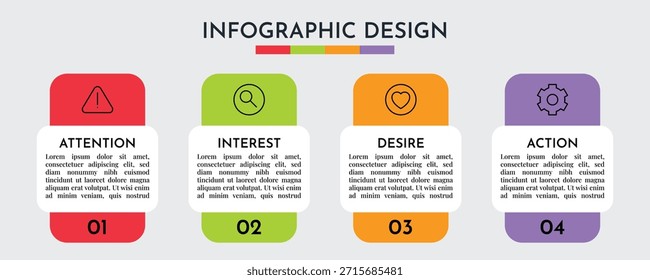 AIDA Model Vertical Badge Info graphic Demonstrating Attention Interest Desire Action Marketing Concept Flat Vector Illustration