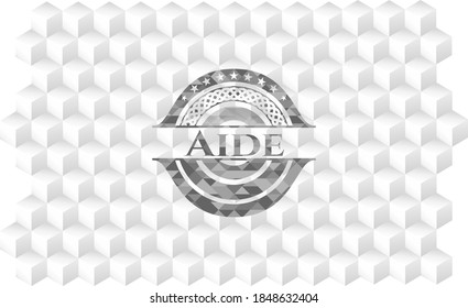 Icono o emblema gris con fondo blanco cubo geométrico. 