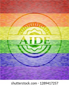 Aide on mosaic background with the colors of the LGBT flag