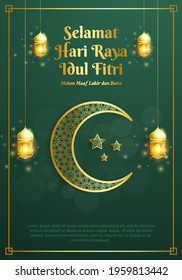 Aidlfitri Hari Raya greeting card template design. Decorative crescent moon and lantern on a green background. Vector illustration. (translation: Celebration Fast Day)