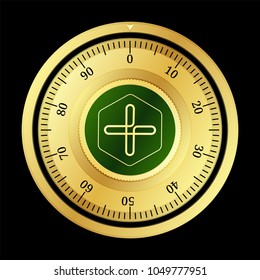 Aidoctor (AIDOC) cryptocurrency safe lock. Eps10 vector illustration isolated on black background.