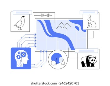 ILUSTRACIÓN VECTORIAL de concepto abstracto de monitoreo de biodiversidad impulsado por IA. Gestión Ambiental. Monitorear y proteger la vida silvestre y los ecosistemas, la Imagen de IA y el reconocimiento de sonido.