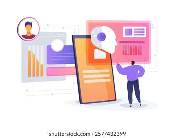 AI-Driven Customer Engagement Analytics abstract concept vector illustration. AI analyzing interactions, providing insights, improving customer engagement, data-driven decisions abstract metaphor.