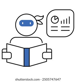 AI-driven data analysis icon with a ninja reading data, representing AI-powered insights, data analytics, and business intelligence.