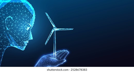 AI-driven energy, renewable solutions, clean technology, sustainability concept. AI robotic head holds wind turbine symbol on dark blue background. Glowing low polygonal abstract vector illustration.