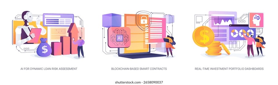 AI-Driven Financial Optimization abstract concept vector illustration set. Dynamic risk assessment, automated smart contracts, and real-time portfolio analytics with AI dashboards. abstract metaphor.