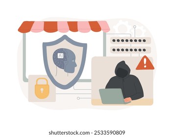 ILUSTRACIÓN VECTORIAL de concepto abstracto de prevención de fraude impulsada por IA. Comercio electrónico. Detectar y prevenir transacciones fraudulentas. Negocio seguro de compras en línea. AI Tecnología. metáfora abstracta.