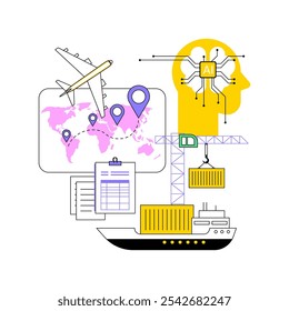 Abstraktes Konzept der KI-gesteuerten Frachtbrokerage, Vektorgrafik. Transport und Logistik. Abstimmung von Spediteuren und Spediteuren durch KI-Algorithmen. KI-Technologie. abstrakte Metapher.