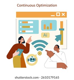 AI-driven home optimization illustrated through engaging interaction between two individuals and a digital interface. They explore data analytics and connectivity for enhanced living experiences.