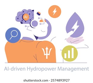 AI-driven Hydropower Management concept. Integration of artificial intelligence in energy production. Sustainable technology advancement. Vector illustration.