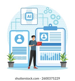 AI-Driven Market Research concept. Artificial intelligence evaluating user profiles with data analysis visuals. Flat vector modern illustration 
