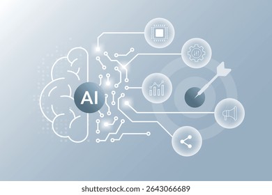 AI-Driven Marketing conceito abstrato. AI analisando dados de marketing. Estratégia de IA e automação de mídia social. Ferramenta de inteligência artificial para criação de conteúdo de marketing digital, SEO, estatísticas.