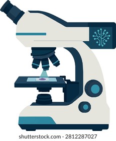 AI-driven medical diagnostic microscope analyzing sample slide, precise close-up, flat vector illustration