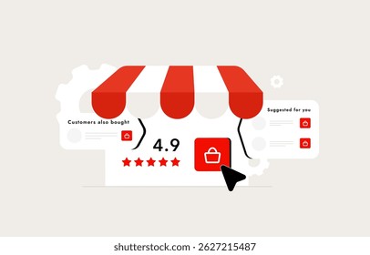Recomendações de produtos orientados por IA - ilustração vetorial de um painel de controle de e-commerce mostrando sugestões personalizadas, análise preditiva e descoberta contextual de produtos usando big data
