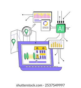 Ilustração de vetor de conceito abstrato de seleção de fornecedor de propriedade orientada por IA. Imóveis. Potenciais propriedades de investimento, pesquisa e análise de propriedades assistidas por IA. Tecnologia AI. metáfora abstrata.