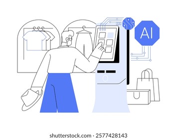 AI-Driven Self-Service Kiosks abstract concept vector illustration. AI-powered kiosks providing support, enhancing self-service, using automated assistance, retail technology abstract metaphor.