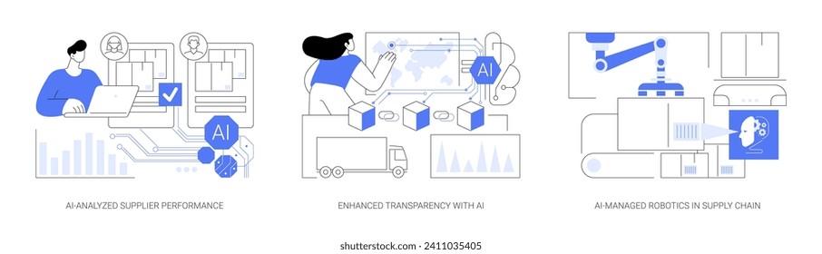 AI-driven Supply Chain abstract concept vector illustration set. AI-Analyzed Supplier Performance, Enhanced Transparency with AI-Backed Blockchain, Robotics in Supply Chain abstract metaphor.