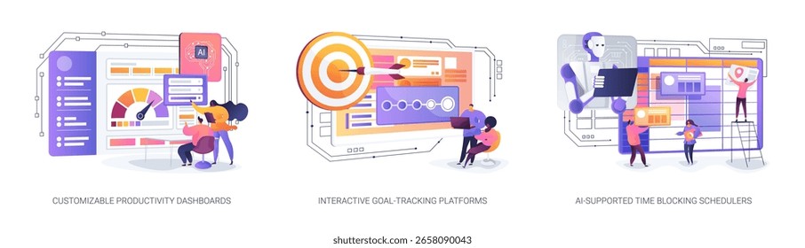 Conjunto de Ilustración vectorial de concepto abstracto de establecimiento de objetivos de Asistencia de herramientas impulsadas por IA. Las plataformas de IA pista el progreso, analizan los patrones de trabajo y ayudan a los usuarios a programar bloques de tiempo enfocados en metáforas abstractas.