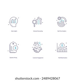 Conjunto de diseño de iconos de Vector de optimización de promoción comercial impulsada por IA