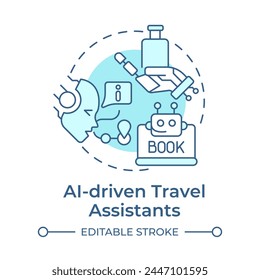 AI-driven travel assistants soft blue concept icon. Virtual assistance. Technology integration in travelling. Round shape line illustration. Abstract idea. Graphic design. Easy to use in blog post