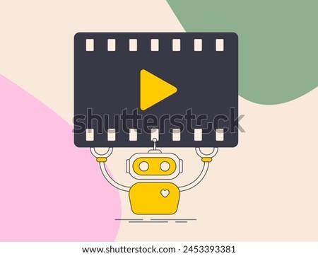 AI-driven video content creation. Automated video editing and procedurally generated animations. AI-generated video content vector illustration with icons. Robot holding movie frame icon